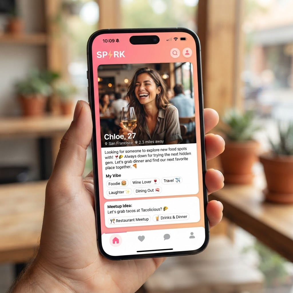 FoodJate app showing a profile built around food and restaurant interests