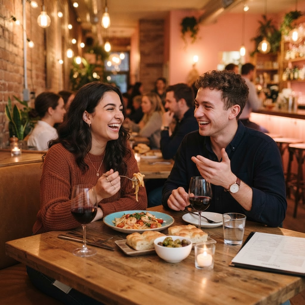 Two people laughing over dinner in a neighborhood restaurant